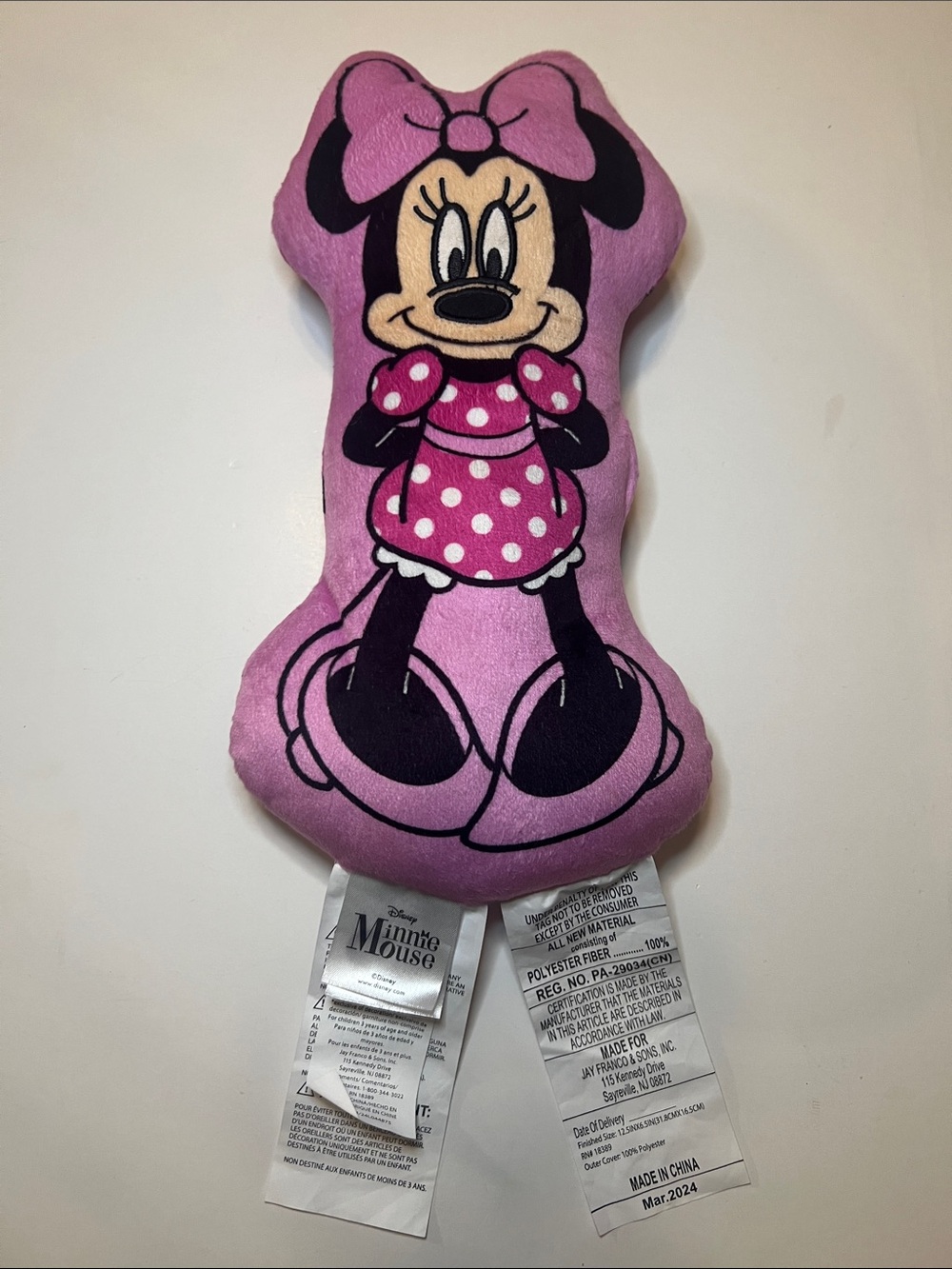 Disney Minnie Mouse Plush Pillow Pink Polka Dot Dress 12”x6” Stuffed Toy EUC